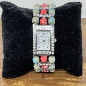 STRADA Silver Tone Cuff Bracelet Quartz Women's Watch Beads‎ Gems New Battery
